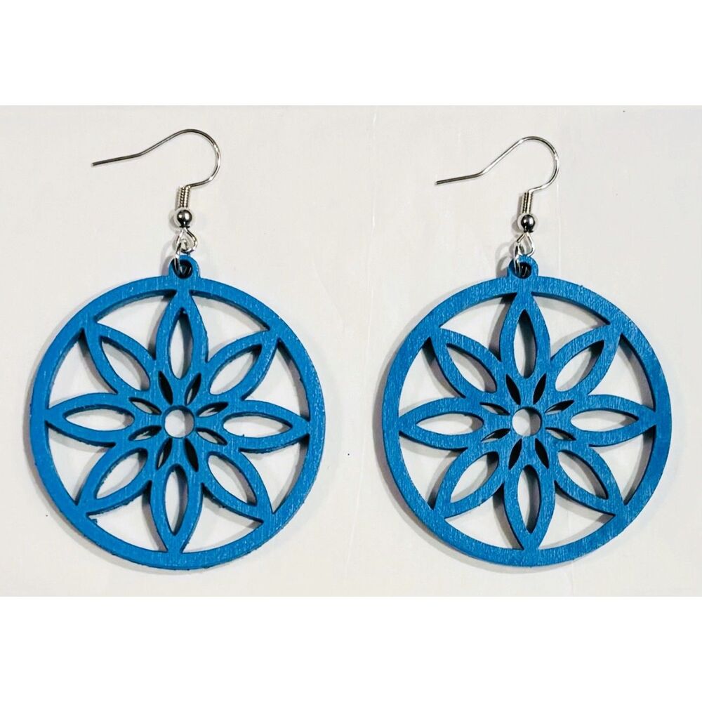 Wood Earrings - 2" x 1.84" - Circle Flower - Oasis Blue - E105-45